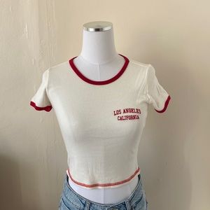Brandy Melville Beige & Red “Los Angeles California” Crew Neck Crop Top